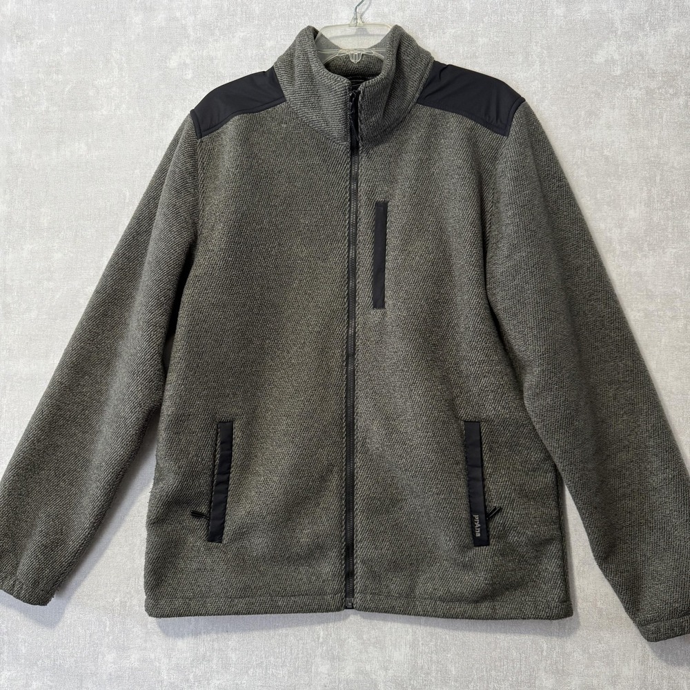 PrAna Jacket Mens Large Gray Full Zip Fleece Knit Shoulder Panel Outdoors Warm‎